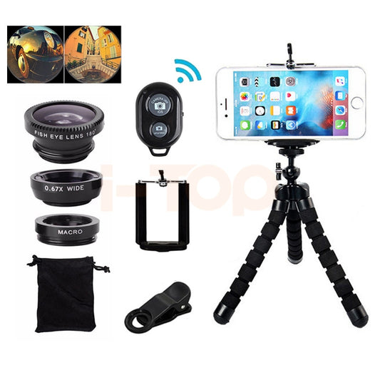7in1 Phone Camera Lens Kit Fisheye Wide Angle Macro Lentes For iPhone 6 6s 7 8 Plus 5 5s Smartphone Tripod Bluetooth Shutter